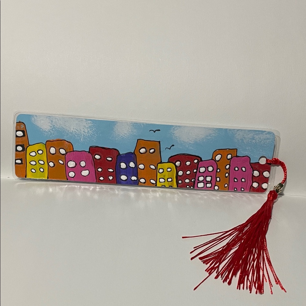 Hand-Painted Colorful Cityscape Bookmark with Red Tassel